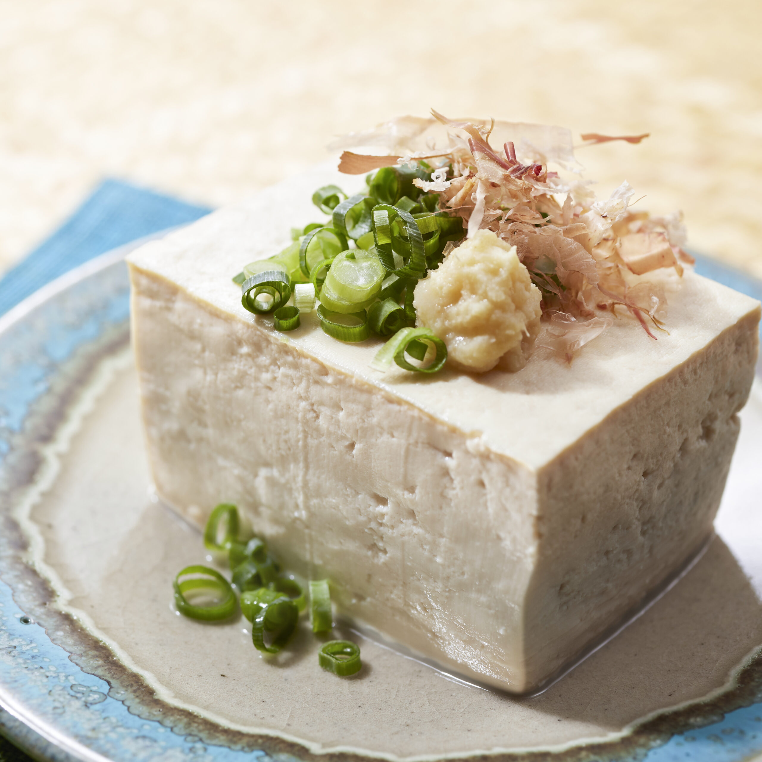 OKI-EAT-03 · shima tofu at a market stall or small tofu shop, blocks in water. 1:1, 1200×1200