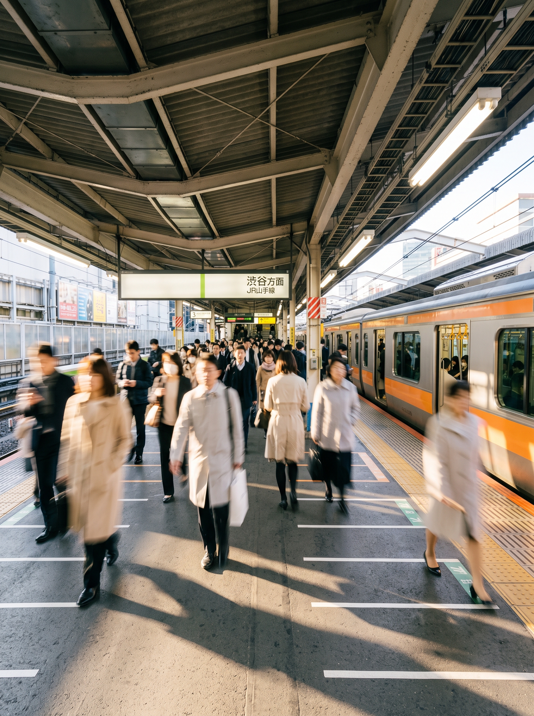 TOK-COVER-01 · dominant vertical — a train platform or crossing, people mid-motion — 3:4, 1200×1600
