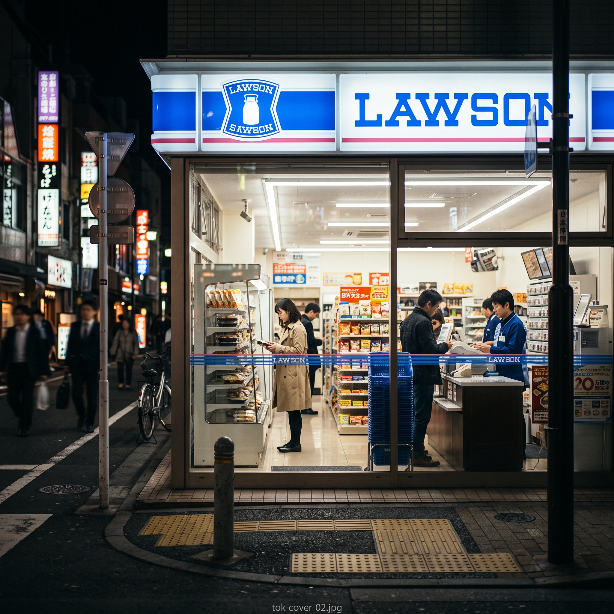 TOK-COVER-02 · convenience store at night, lit interior — 1:1, 1000×1000
