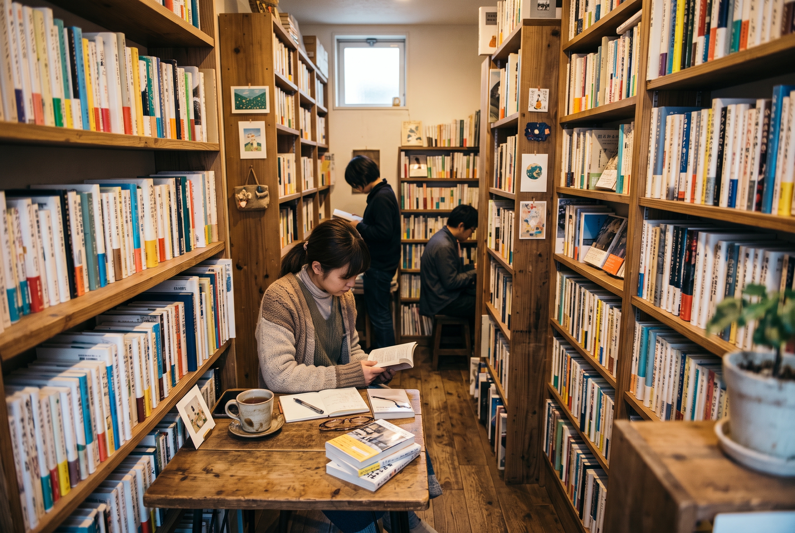 TOK-DAY-02 · small bookshop interior, shelves close — 3:2, 1400×930