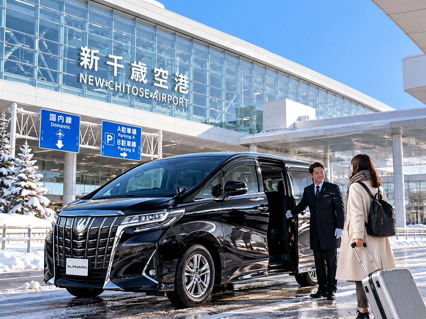 HOK2-SVC-01 · New Chitose Airport arrival / van at hotel entrance, real photo — 4:3 · 1600×1200